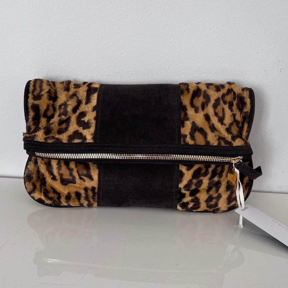Claire V Leopard Print and Suede Foldover Clutch
